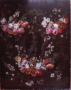 Jan Philip van Thielen Garland of flowers surrounding cherub in grisaille USA oil painting artist
